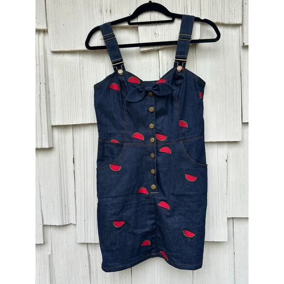 Unique‎ Vintage Denim Overall Dress Watermelon Embroidered Adjustable Strap Sz M - Picture 2 of 9